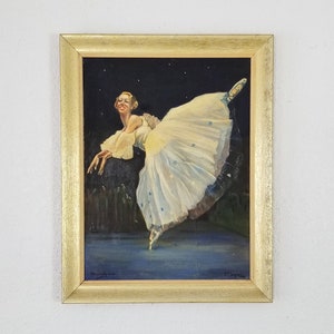 May include: A framed painting of a ballerina in a white tutu, dancing on a stage with a starry night background.