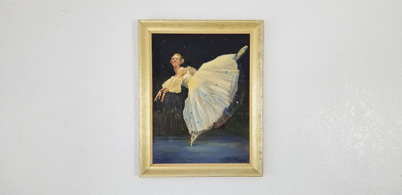 May include: A framed painting of a ballerina in a white tutu, dancing on a stage with a starry night background.