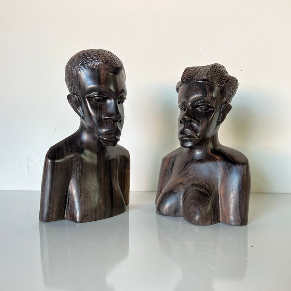 Pair of Vintage Hand Carved Tribal African Wood Bookends / Sculptures