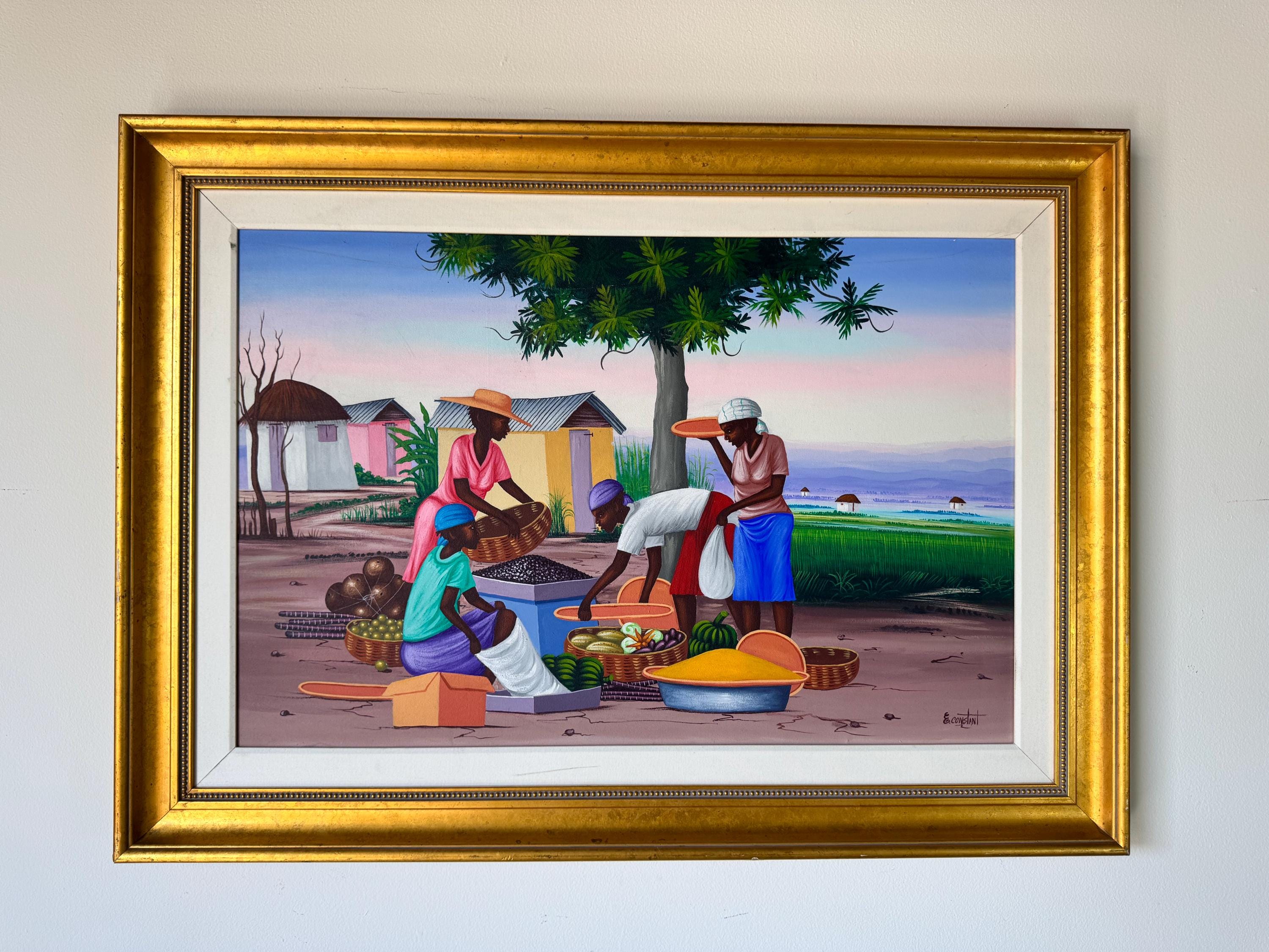 Vintage E. Constant Haitian Market by the Bay Oil on Canvas