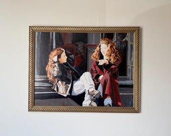 1980’s Vintage Azene Figurative Scene Oil on Canvas Painting, Framed