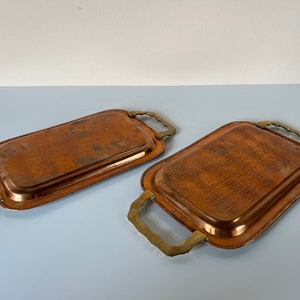 Vintage Hand Hammered Copper and Brass Handle Trays a Pair image 9