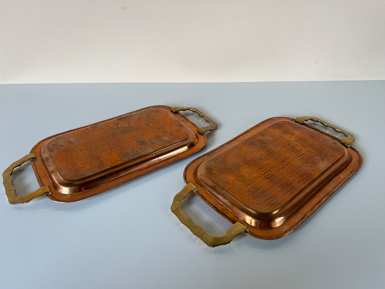 Vintage Hand Hammered Copper and Brass Handle Trays a Pair image 9