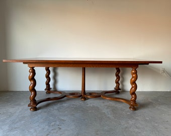 Baker Furniture Walnut And Inlaid Burlwood Dining Table With Barley Twist Legs