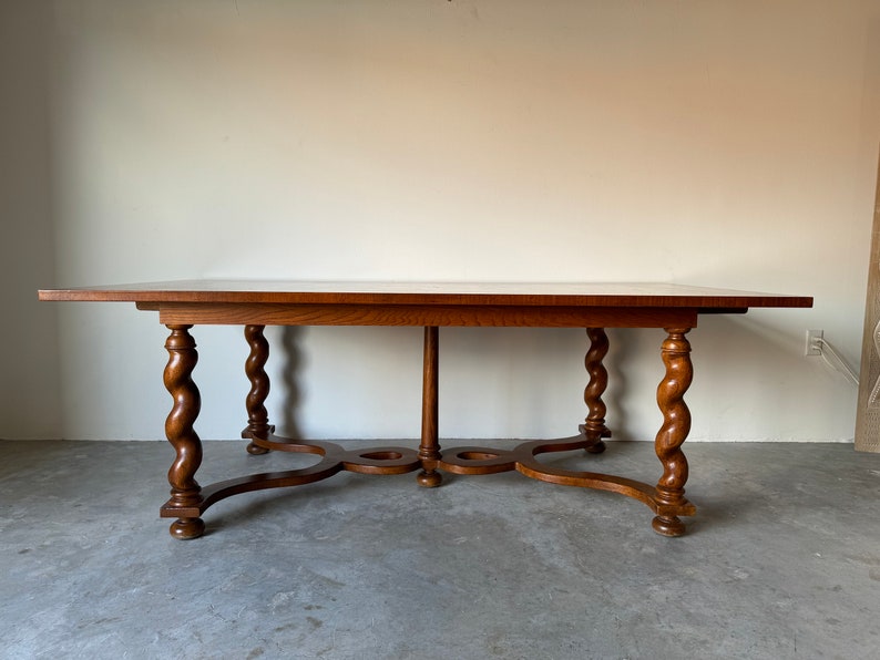 Baker Furniture Walnut And Inlaid Burlwood Dining Table With Barley Twist Legs image 1