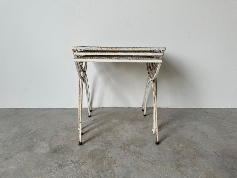 70's Mid-Century Salterini Style Wrought Iron Nesting Patio Side Tables Set Of 3 image 7
