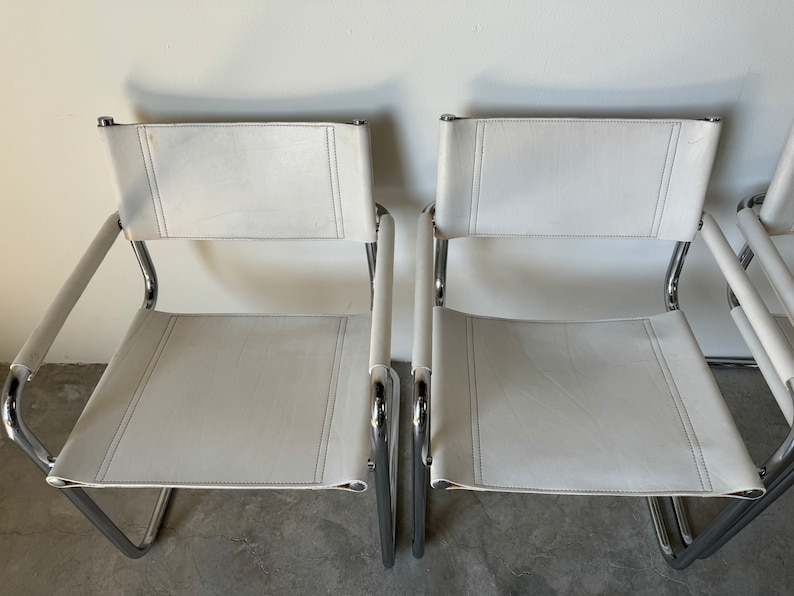 1970's Italian Marcel Breuer White Leather and Tubular Chrome Steel Chairs, Set of 4 image 10