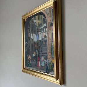 60's Vintage Yenica C. Urban Street Market Scene Impressionist Oil on Canvas Painting, Framed image 4