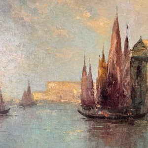 Franz Ambrasath Germany, B. 1907 View in Venice With Gondolas Oil on Canvas Painting, Framed image 10