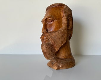 Vintage  Hand Carved Wood African Male Bust Sculpture, Signed