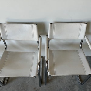 1970's Italian Marcel Breuer White Leather and Tubular Chrome Steel Chairs, Set of 4 image 9