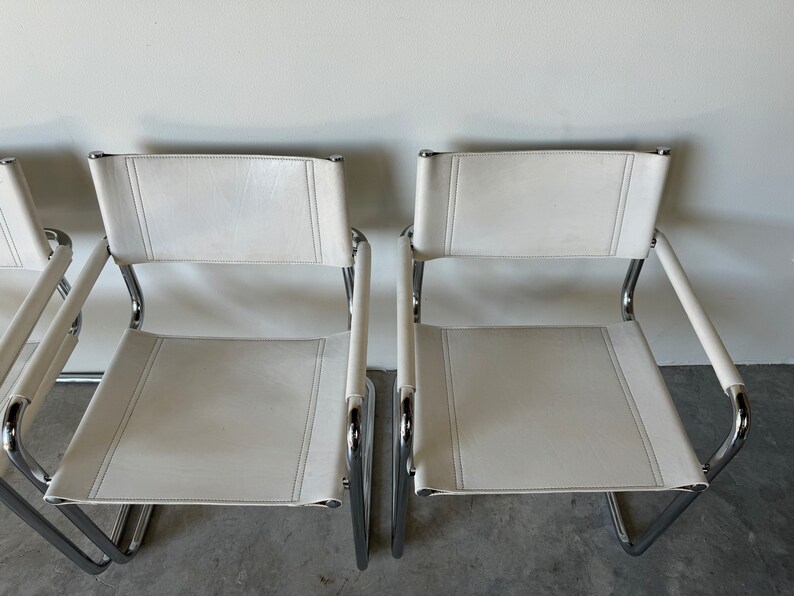 1970's Italian Marcel Breuer White Leather and Tubular Chrome Steel Chairs, Set of 4 image 9
