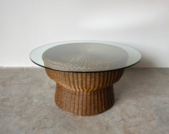 Vintage Mushroom - Shape Woven Wicker Coffee Table W/ Glass Top