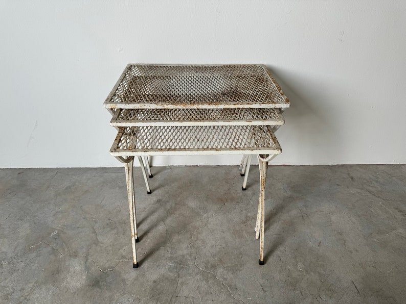 70's Mid-Century Salterini Style Wrought Iron Nesting Patio Side Tables Set Of 3 image 8