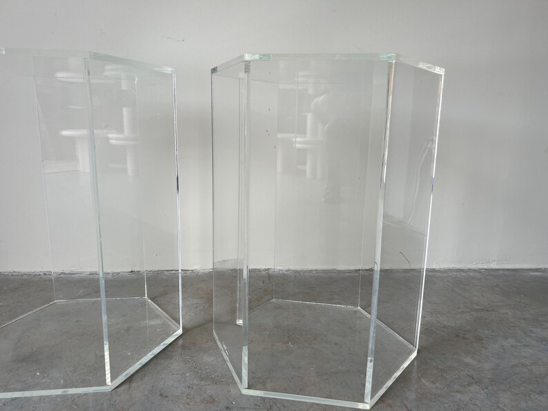 A Pair of Vintage Hexagon Lucite Pedestals, Signed image 4