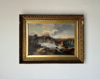 Gran campo vintage río francés - pintura al óleo del paisaje del lago en madera antigua enmarcada