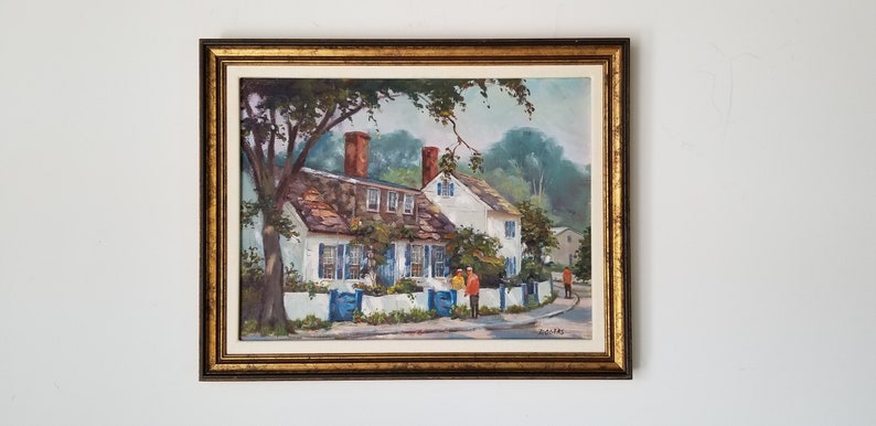 1970s Village Street Scene Oil Painting by Rogers, Framed. image 3