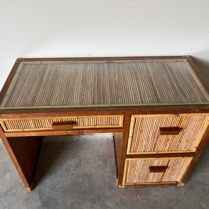 Vintage Coastal Pencil Reed Rattan and Wood Desk With Glass Top image 4