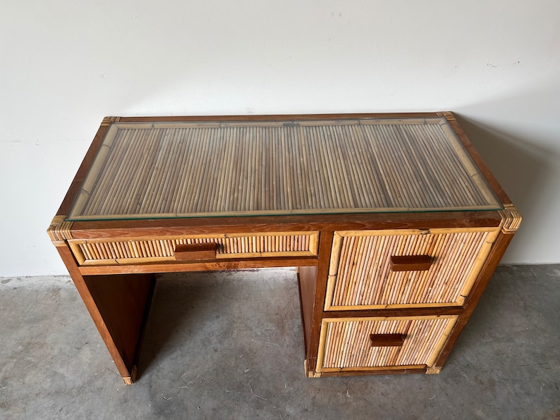 Vintage Coastal Pencil Reed Rattan and Wood Desk With Glass Top image 4