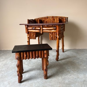 Vintage Handmade Rustic Wood Desk W/ Stool image 1