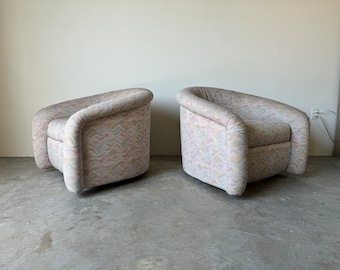 1980's Postmodern Sculptural Barrel Swivel Uphosltered  Lounge Chairs - A Pair