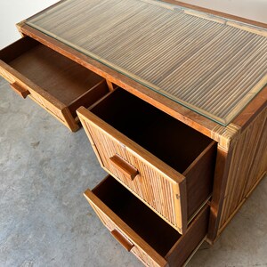 Vintage Coastal Pencil Reed Rattan and Wood Desk With Glass Top image 5