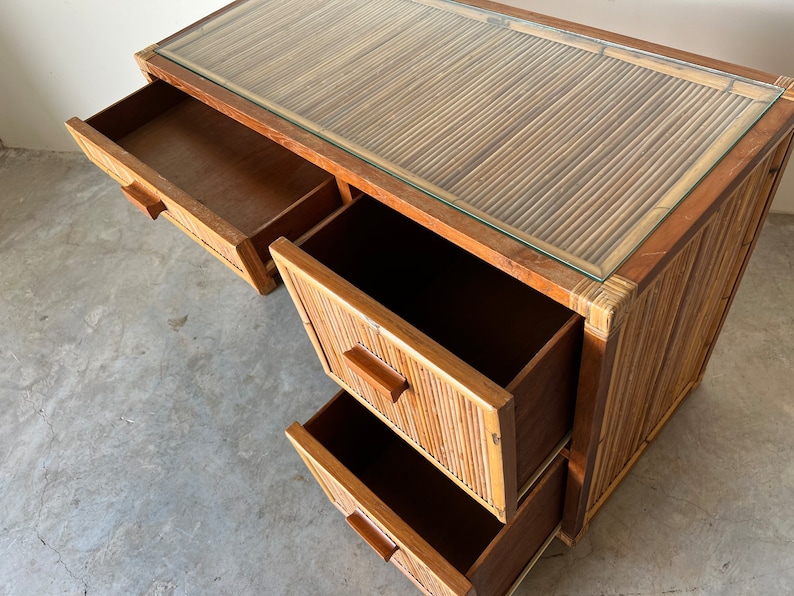 Vintage Coastal Pencil Reed Rattan and Wood Desk With Glass Top image 5