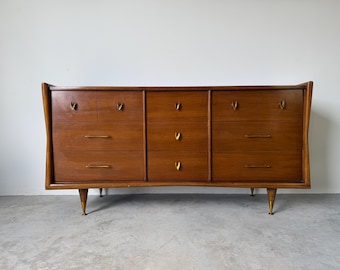 Mid-Century Kent Coffey “The Sharon” Walnut & Pecan 9-Drawer Dresser
