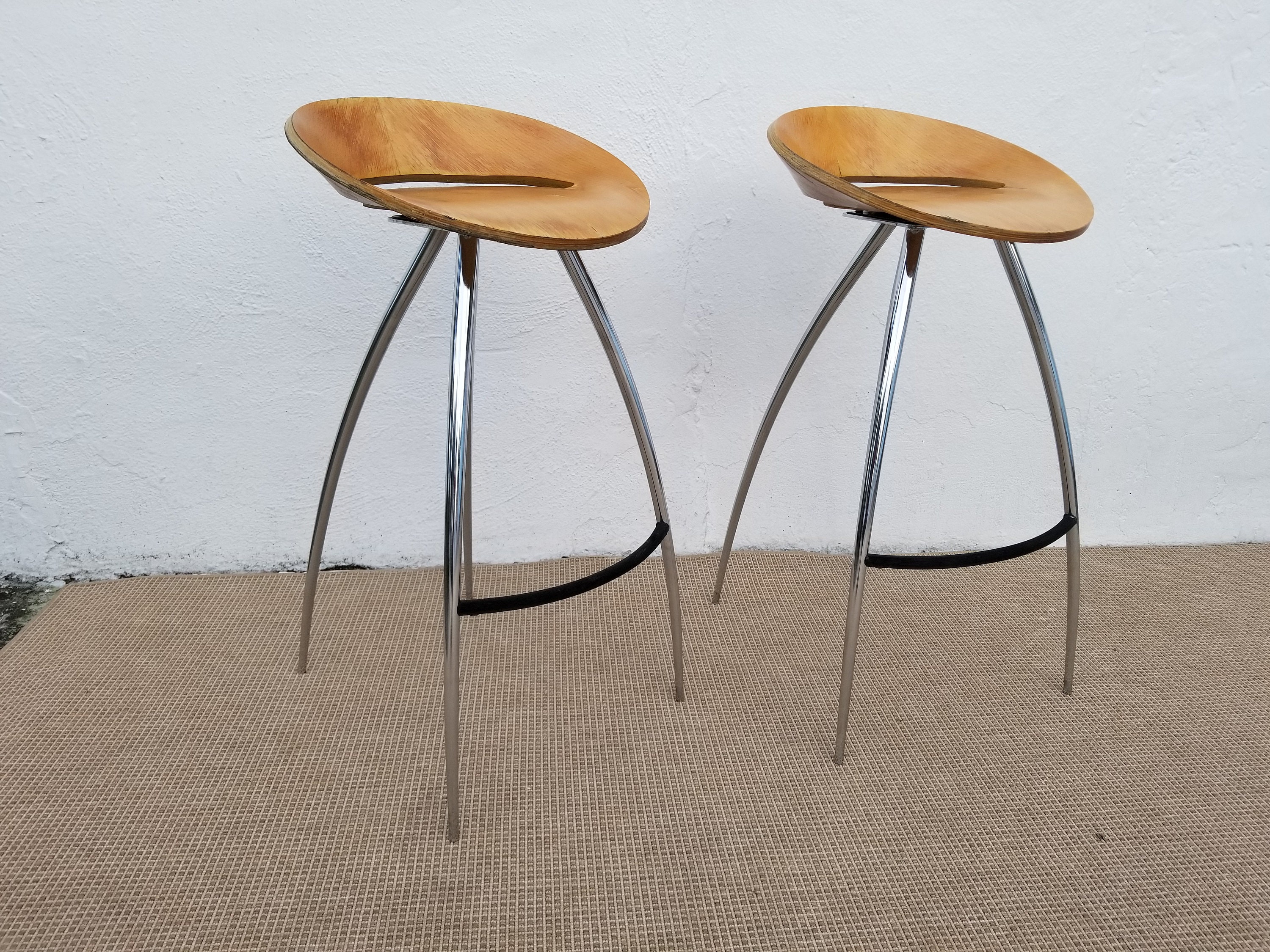 Italian Magis Lyra Tecnotubi Chrome Base Bent Wood Bar Stools Etsy
