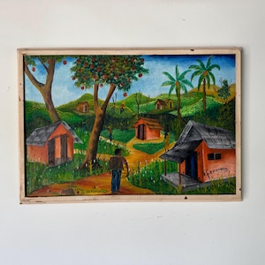 1970s Vintage Haitian Folk Art Landscape Oil Painting by F. Faramon