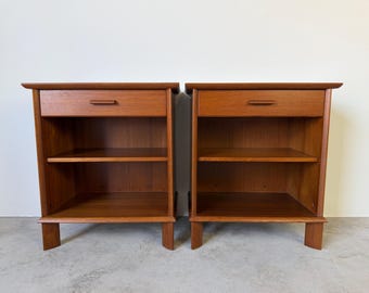 Mid Century Danish Modern Teak Nightstands With Drawer & Open Shelf – A Pair