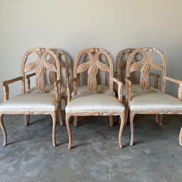 Italian Hollywood Regency - Style  Carved Leaf Design  Arm Dining Chairs - Set Of 6