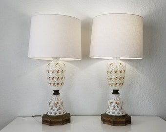 European Murano Opaline Glass With Floral Design Decorative Table Lamps A Pair .