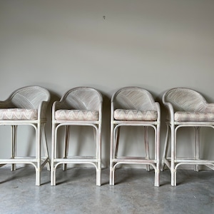 80's Vintage Organic Modern Cerused Rattan & Leather Bar Stools - Set of 4