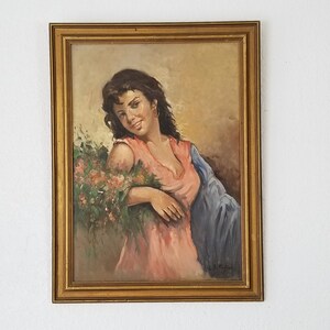 1960&#39;s L. Battaglia Female With Flowers Oil on Canvas Painting .