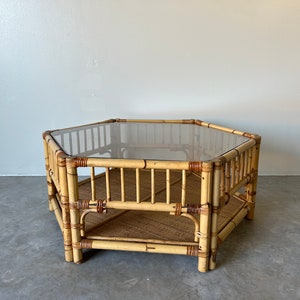 Vintage Coastal Palm Beach Bamboo & Rattan Hexagon Shape Coffee Table image 5