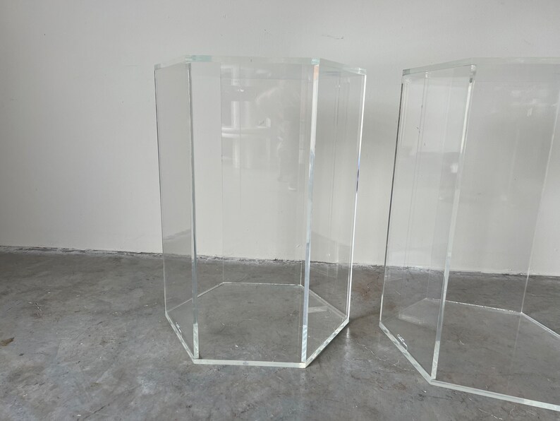 A Pair of Vintage Hexagon Lucite Pedestals, Signed image 3