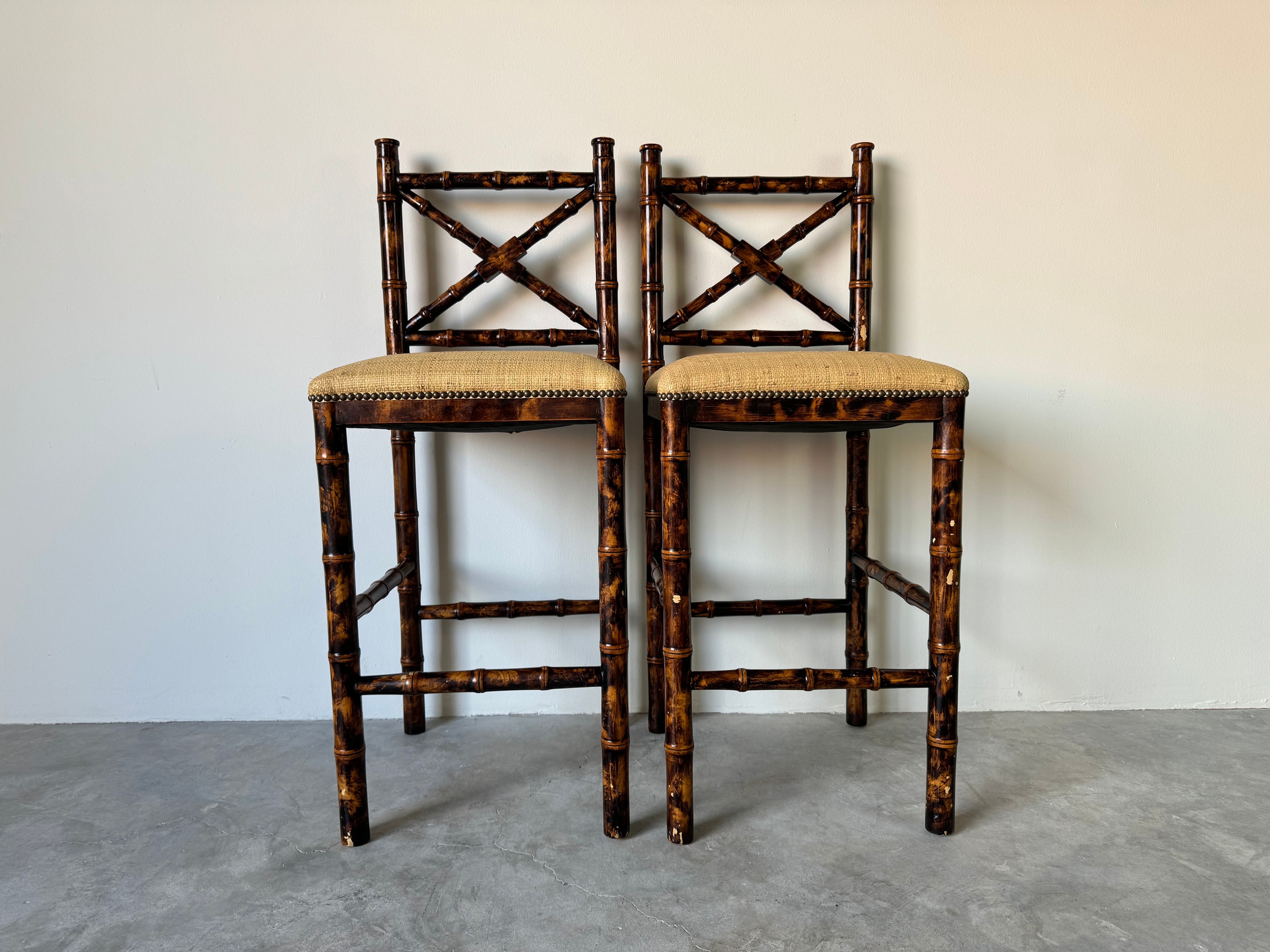 Vintage Faux Bamboo Burnt Tortoise Shell Finish Bar Stools A Pair Etsy