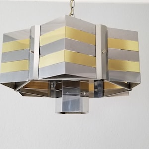 Vintage Geometric Chrome and Brass Chandelier by Gaetano Sciolari, Italy
