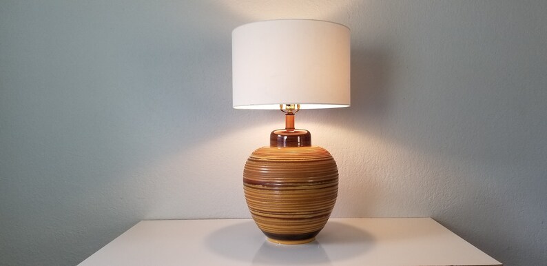 Mid-Century Textural Striped Pottery Table Lamp. image 2