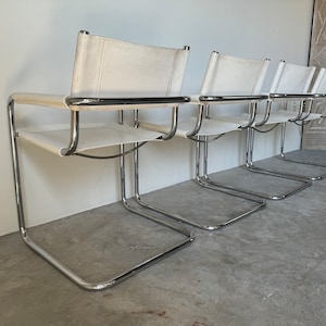 1970's Italian Marcel Breuer White Leather and Tubular Chrome Steel Chairs, Set of 4 image 6