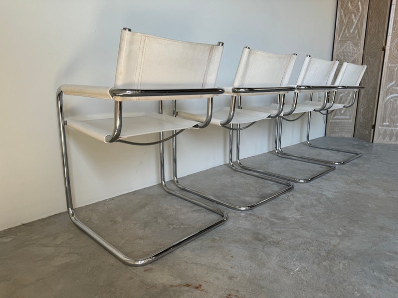 1970's Italian Marcel Breuer White Leather and Tubular Chrome Steel Chairs, Set of 4 image 6