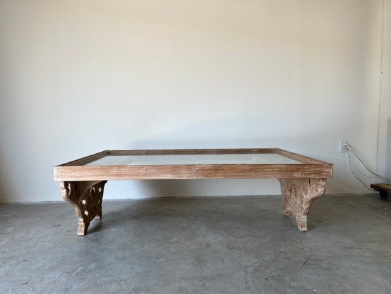 Vintage Hand Carved Wood Indian Design Coffee Table W Glass Top
