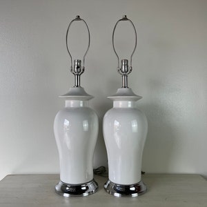 Vintage Palm Beach Chic Chinoiserie Pagoda White Porcelain Table Lamps a Pair image 1