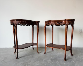 Antique Louis XV-Style Kidney Shape Inlaid Marquetry Two-Tier End Tables or Nightstands – Pair