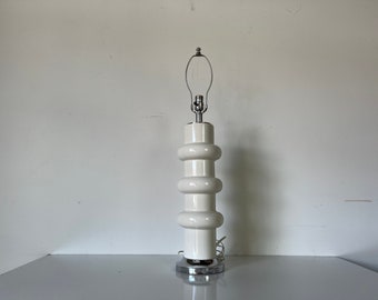 70's Vintage White Cylindrical Ceramic Table Lamp on Chrome Base
