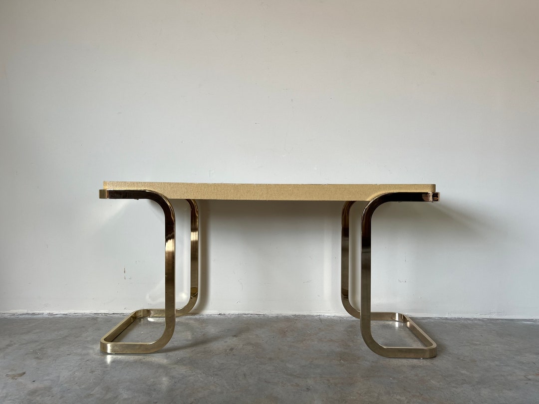Postmodern Beige Grasscloth and Brass Legs Sofá Consolé Table Etsy
