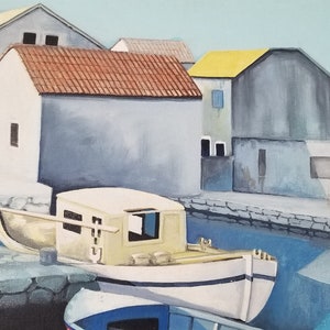 60's Modernist the Old Fishing Village Oil Painting by Kretschmann. image 5