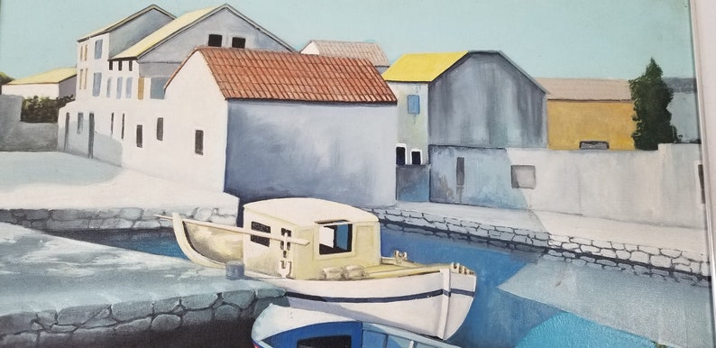 60's Modernist the Old Fishing Village Oil Painting by Kretschmann. image 5