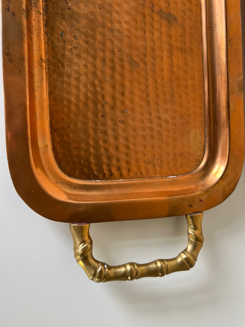 Vintage Hand Hammered Copper and Brass Handle Trays a Pair image 5